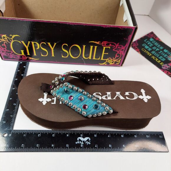 New Gypsy Soule Flip Flop Sandals Swarovski Crystals Sz 10 Brown Blue Aztec Box - Picture 16 of 16
